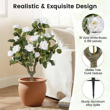 Goplus 31.5” Artificial Rose Flower Trees Set of 2 with Spikes 186 Leaves & 18 White Flowers