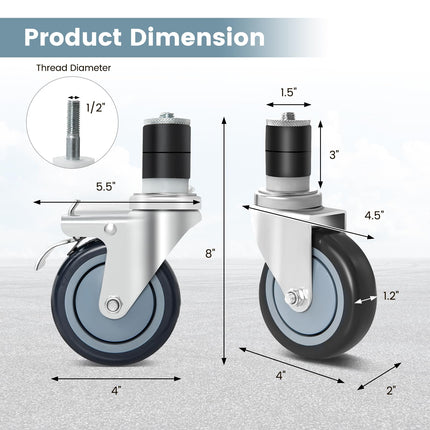 Goplus 4 inch Caster Wheel Set,Expanding Stem Caster Set of 4, 2 Wheels with Brakes