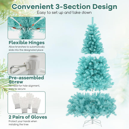 Goplus 6/7 FT Blue Pre-Lit Christmas Tree, Artificial Hinged Xmas Full Tree with 280/380 Warm White LED Lights