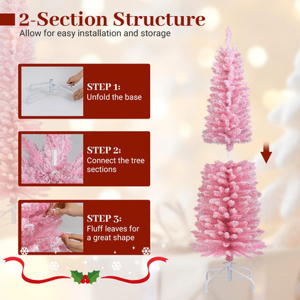 Goplus Pink Slim Pencil Christmas Tree | Artificial Unlit Skinny Xmas Full Tree for Seasonal Decor