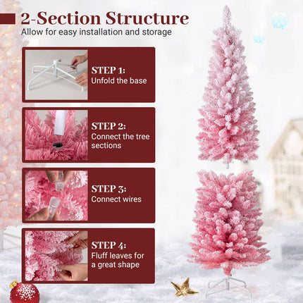 Goplus 6ft / 7ft Pink Slim Pencil Pre-lit Snow Flocked Christmas Tree