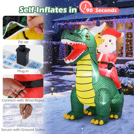 Goplus 6.7 FT Blow up Christmas Santa Claus Riding Dinosaur Decoration with Lights Stakes