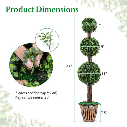 Goplus 4 FT Artificial Triple Ball Boxwood Tree w/Cement-Filled Retro Planter & Real Vines (1/2 Pack)