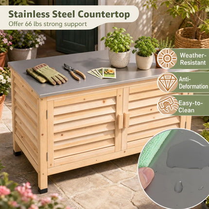 Goplus Patio Storage Cabinet | Fir Wood Sideboard with Stainless Steel Countertop
