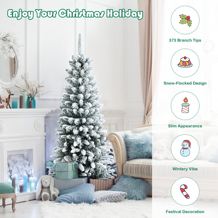 Goplus Snow Flocked Pencil Christmas Tree, Hinged Artificial Slim Xmas Tree - GoplusUS