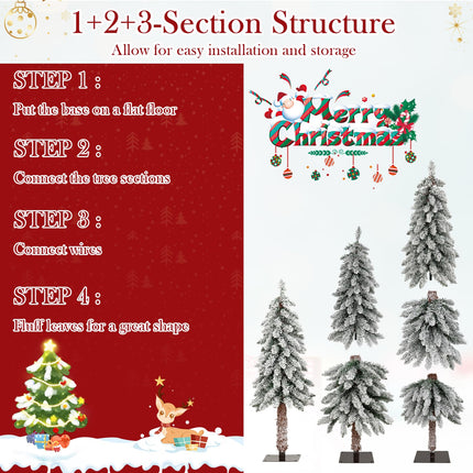 Goplus 3' 4' 5' Pre-Lit Snow Flocked Christmas Tree Set of 3 with 300 Multicolored LED Lights
