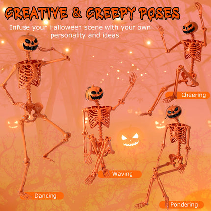 Goplus 5.2 Ft Life-Size Posable Skeleton with Pumpkin Head Halloween Orange Skeleton Decoration