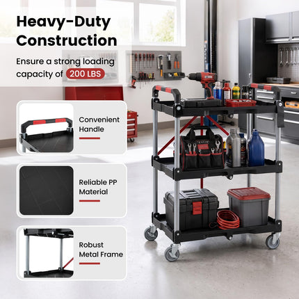 Goplus 3-Tier Folding Utility Cart w/Swivel Wheels | Tool-Free Assembly 200 lbs Capacity