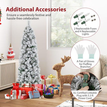 Goplus 4.5ft / 6ft / 7ft Pre-Lit Snow Flocked Pencil Christmas Tree for Home Office Holiday Decor