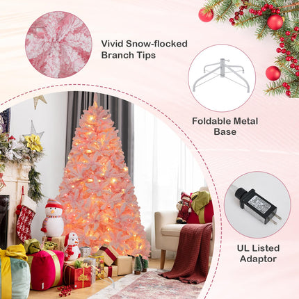 Goplus 6FT Pink Pre-lit Christmas Tree, Hinged Snow Flocked Artificial Xmas Tree, Seasonal Holiday Decoration for Office Home