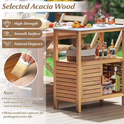 Goplus Patio Acacia Wood Storage Cabinet with Marble-Like Countertop (31.5” x 16” x 35.5”)