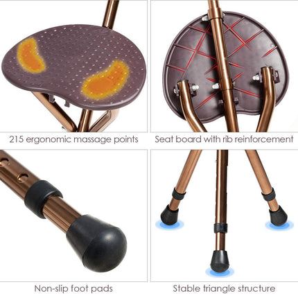 Adjustable Folding Cane Seat, Aluminum Alloy Crutch Chair with LED Light and Retractable 3 Legs - GoplusUS
