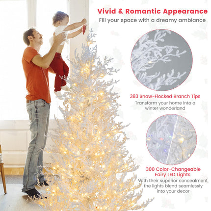Goplus 6ft Pre-Lit Artificial Christmas Tree with 383 Snow Flocked PE Tips & Warm-White Fairy LED Lights