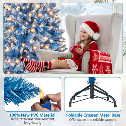 Goplus Blue Pre-Lit Artificial Christmas Tree with Frosted PVC Branch Tips & Warm White LED Lights