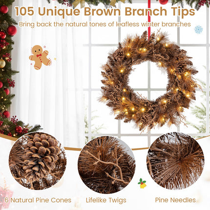 Goplus 24 Inch Pre-Lit Christmas Wreath, Battery Operated Lighted Artificial Winter Xmas Wreaths for Front Door with 105 Branch Tips