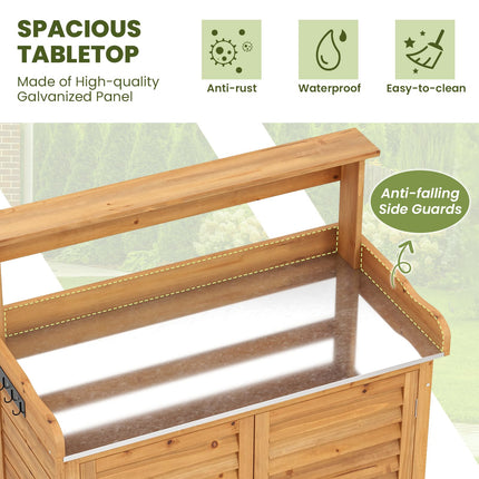 Goplus Outdoor Potting Bench Table, Gardening Table w/Storage Cabinet, Galvanized Metal Tabletop