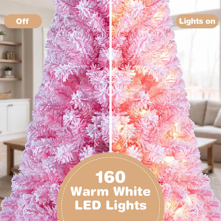 Goplus 5ft/6ft/7ft Pink Pre-Lit Flocked Christmas Trees | Holiday Decoration Tree for Home Office Party
