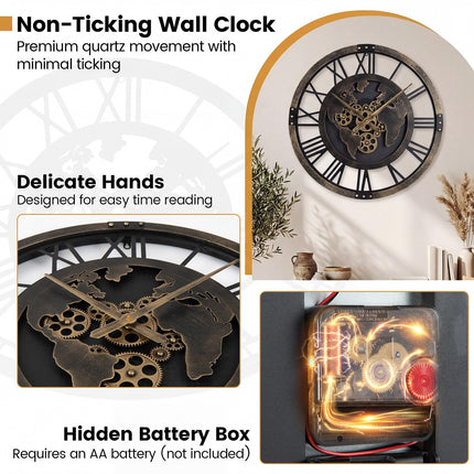 Goplus 27" Gear Clock with World Map Non-Ticking Decorative Metal Clock with Moving Gears