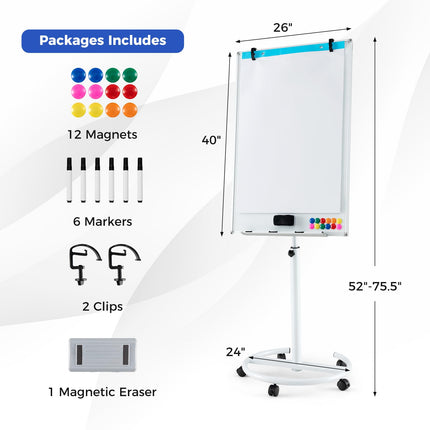 Goplus 40” x 26” Height-Adjustable Dry Erase Board on Wheels with Round Stable Stand