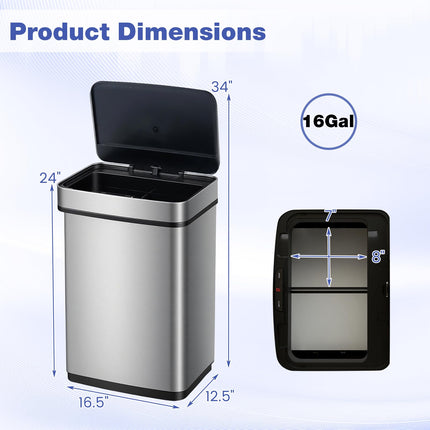Goplus 16 Gal Stainless Steel Automatic Trash Can with 2 Compartments
