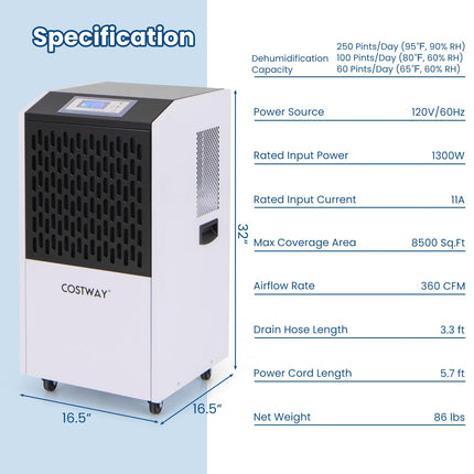 250 Pints Commercial Dehumidifier with Drain Hose, Industrial Heavy Duty Dehumidifier