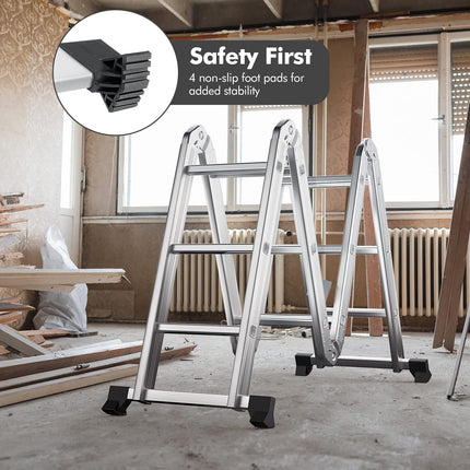 Goplus 12.2 FT Folding Step Ladder, 7-in-1 Multiposition Aluminium Extension Ladder with Reinforced Stabilizer Bar & Non-Slip Foot Pads - GoplusUS
