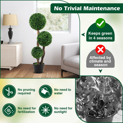 Goplus 3ft Artificial Boxwood Topiary Ball Tree, Faux Potted Plants with Solid Wood Trunks