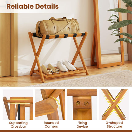 Goplus Folding Solid Wood Suitcase Stand with Storage Shelf No Assembly Required