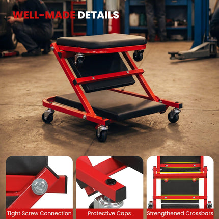 Goplus 2-in-1 Z-Shaped Rolling Garage Stool with Padded Seat & 6 Swivel Casters