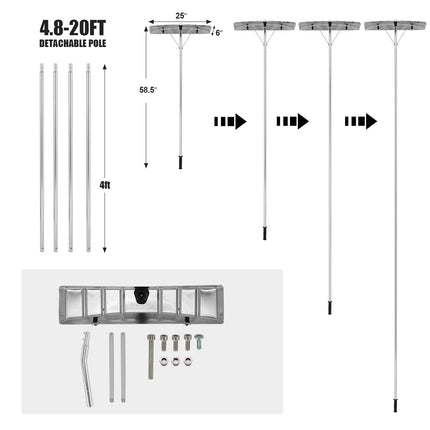 Snow Roof Rake, 25-Inch Blade 20 Ft Extension Snow Shovel for Snow Removal w/ Wheels Anti-Slip Handle