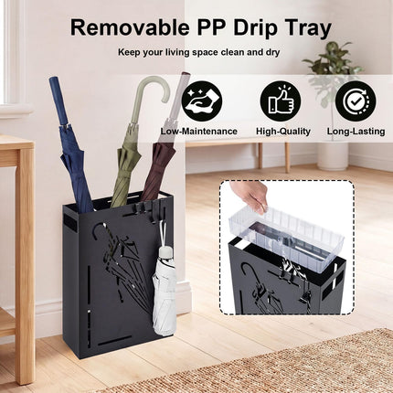 Goplus Rectangular Umbrella Holder Rack with Removable Drip Tray and 4 Hanging Hooks