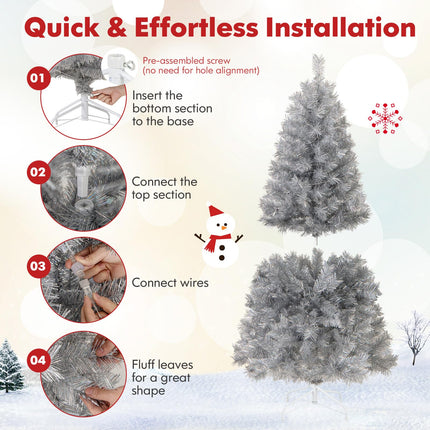 Goplus 5ft / 6ft /7ft  Pre-Lit Christmas Tree with Silver Tinsel Leaves & Upgraded Metal Stand