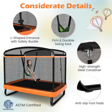 Goplus 6FT Kids Trampoline with Swing, ASTM Approved Rectangle Recreational Trampoline w/Enclosure Safety Net
