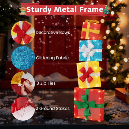 Goplus 4 Ft Lighted Gift Boxes Stackable, Pre-lit Xmas Boxes Decoration w/LED Lights