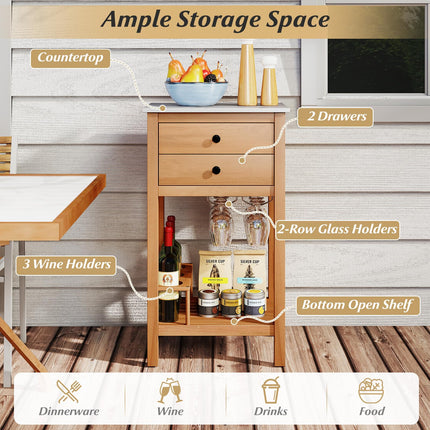 Goplus Acacia Wood Bar Table with 2 Drawers Glass & Wine Holders