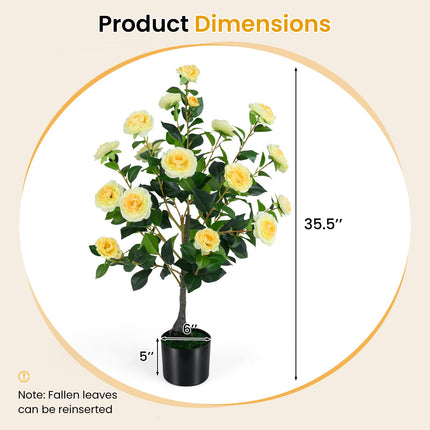 Goplus 35.5" Artificial Camellia Tree Faux Floral Plant Blooming Tree in Cement Pot (1/2 Pack)