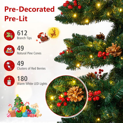 Goplus 6FT / 7FT Pre-Lit Spiral Christmas Tree with Pine Cones & Red Berries