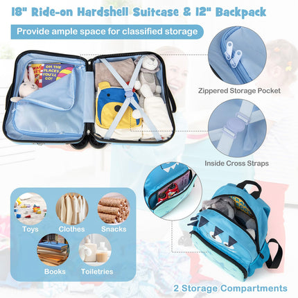 Goplus 2 PCS Kid Luggage Set | 18” Ride on Suitcase & 12” Backpack