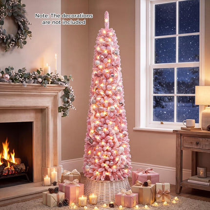 Goplus 6 FT/7 FT Pink Flocked Pre-Lit Pencil Christmas Tree | Slim Decoration Tree for Home Office