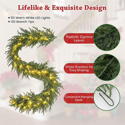 Goplus 9ft Pre-Lit Christmas Cedar Garland, Real Touch Lighted Battery Operated Artificial Cypress Garland