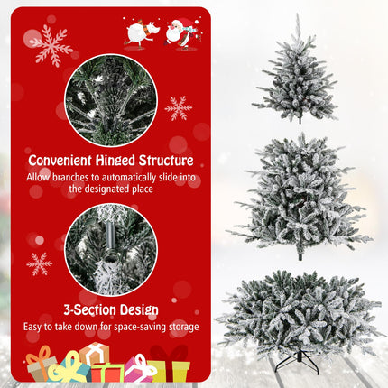 Goplus 7ft Pre-Lit Snow Flocked Christmas Tree, Artificial Hinged Full Xmas Tree with 350 Multicolored LED Lights