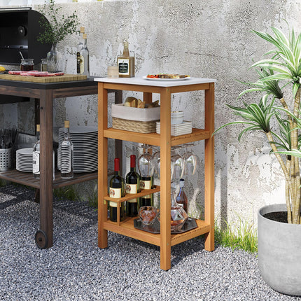 Goplus 3-Tier Acacia Wood Outdoor Kitchen Organizer with Glass & Wine Holders