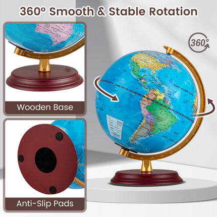 Goplus 8'' Illuminated World Globe w/Wooden Stand & HD Map for Kids Adults