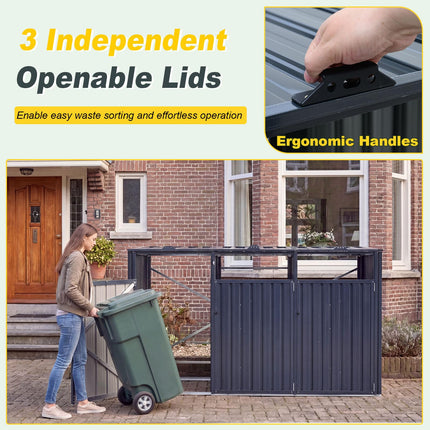 Goplus 7.8 x 2.6 FT Outdoor Trash Can Storage 3-Bin Metal Garbage Shed