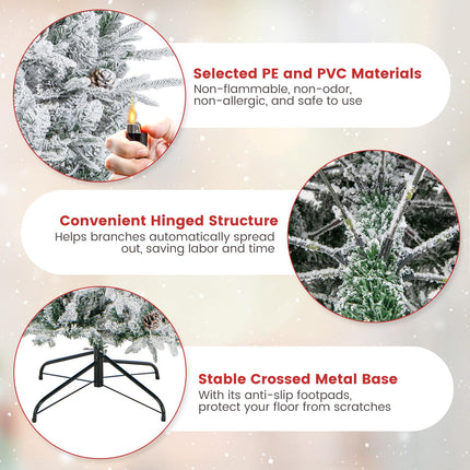 6ft Pre-Lit Snow Flocked Christmas Tree Artificial Hinged Xmas Tree with 210 Warm-White Incandescent Lights