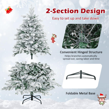 Goplus Pre-Lit Snow Flocked Christmas Tree, Artificial Hinged Xmas Tree with Branch Tips, PE & PVC Mixed Leaves