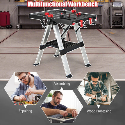 Goplus Portable Workbench, Folding Work Table & Sawhorse with Adjustable Height, 440LBS Capacity
