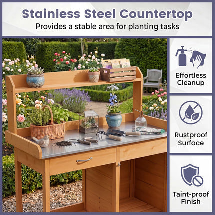 Goplus Garden Potting Bench Table with Stainless Steel Tabletop (44" x 18" x 49")