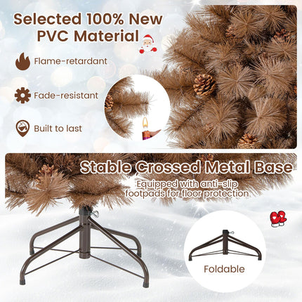 Goplus 6 FT Pre-Lit Hinged Chocolate-Color Christmas Tree with Pine Needles & PVC Tips
