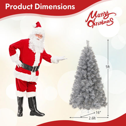Goplus 5ft / 6ft /7ft  Pre-Lit Christmas Tree with Silver Tinsel Leaves & Upgraded Metal Stand